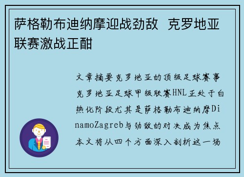 萨格勒布迪纳摩迎战劲敌 克罗地亚联赛激战正酣