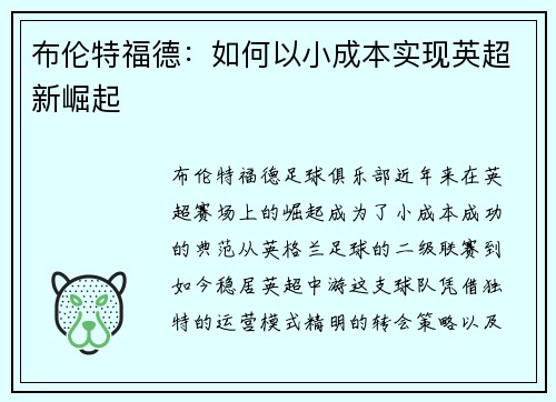 布伦特福德：如何以小成本实现英超新崛起