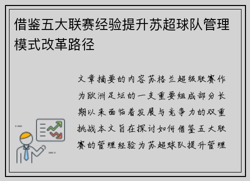 借鉴五大联赛经验提升苏超球队管理模式改革路径